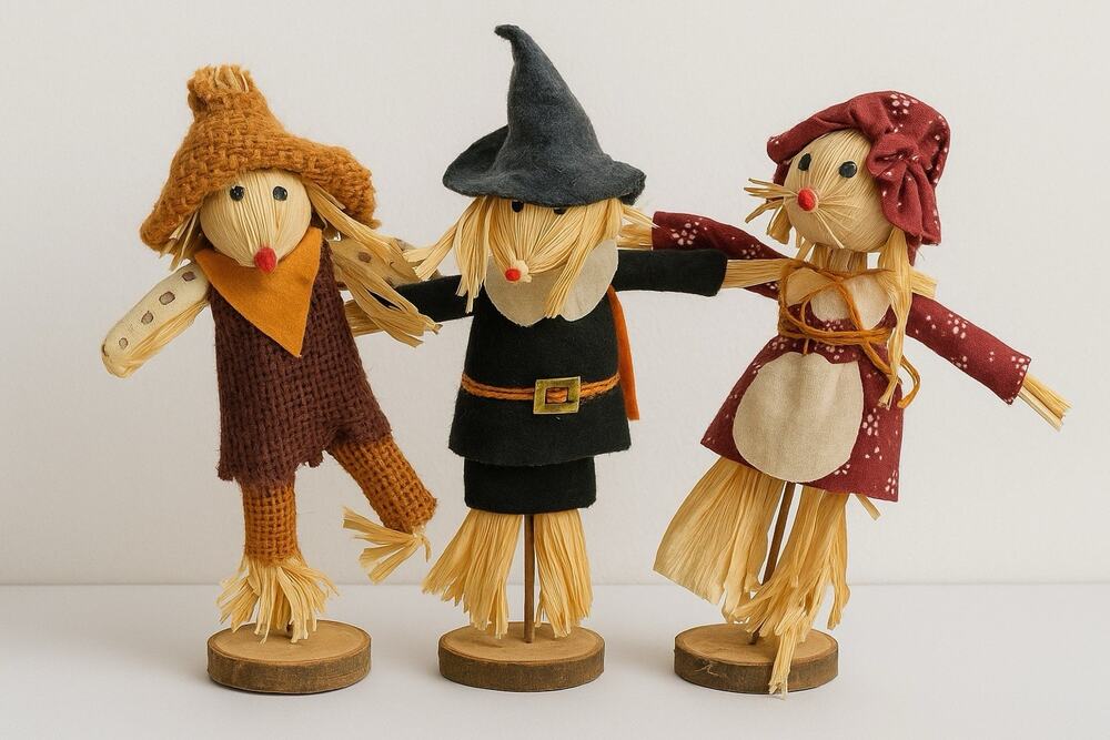 Vtg Corn Husk Scarecrow Doll Set 3 Handmade Folk Art Fall Harvest Decor Pilgrim